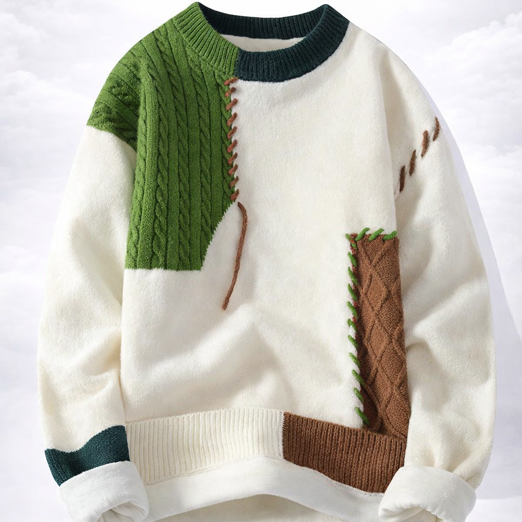 Color-blocked sweater with green, brown, and white sections on a white background