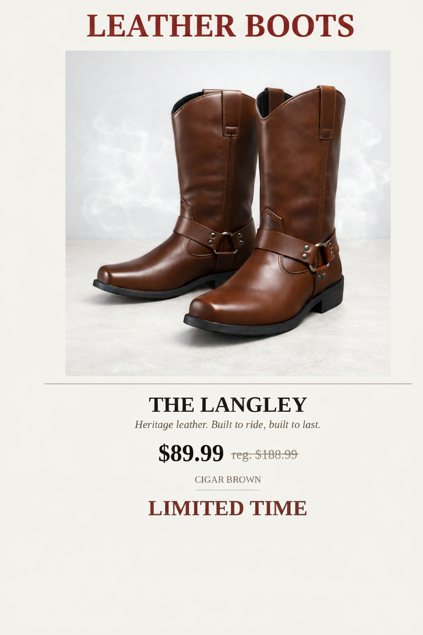 A pair of brown leather riding boots with buckle straps, shown on a light beige background with promotional text for 'Frances & Jay' and 'THE LANGLEY'.