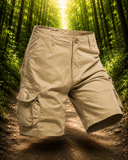 Beige shorts floating in a forest setting