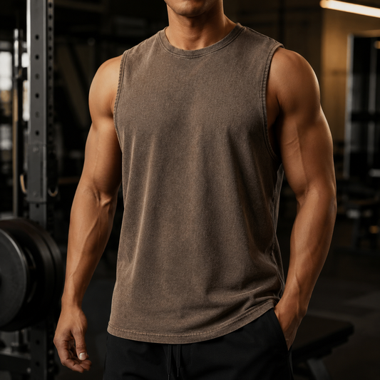 Muscular person wearing a brown tank top in a gym setting