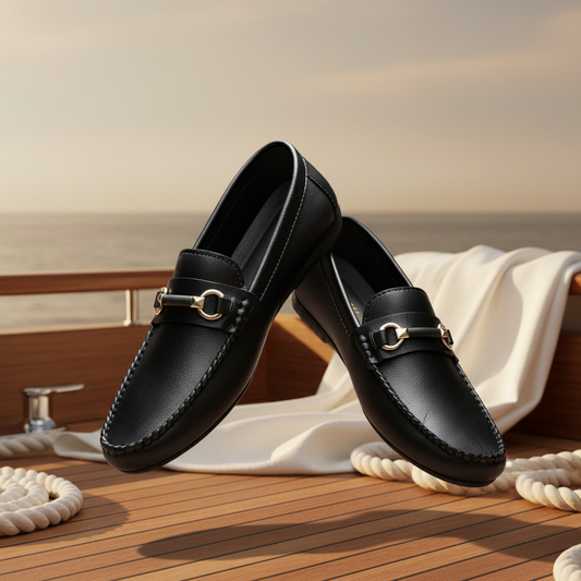 Black loafers with gold buckles on a sandy beach with ocean and palm trees in the background