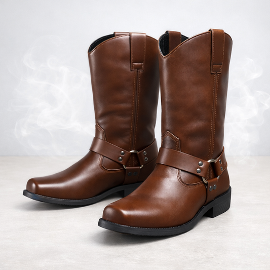 Pair of brown leather boots with buckles on a light background