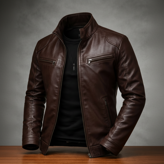 Dark Brown leather jacket on a wooden surface with a gray background