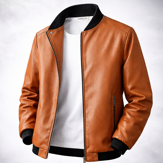 Brown leather jacket with black trim on a white background