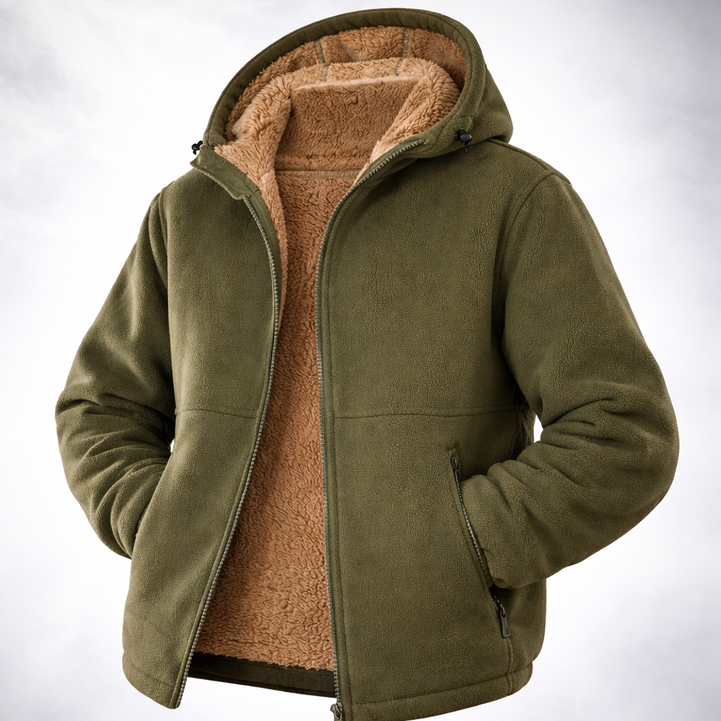 Green jacket with brown interior on a wooden surface and light gray background