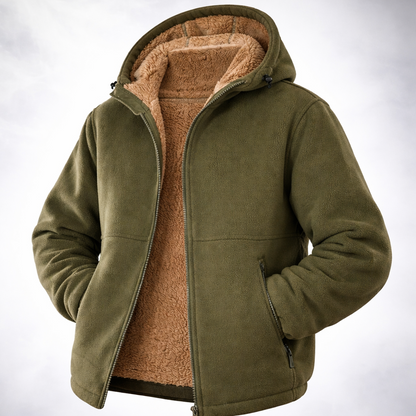 Green jacket with brown interior on a wooden surface and light gray background