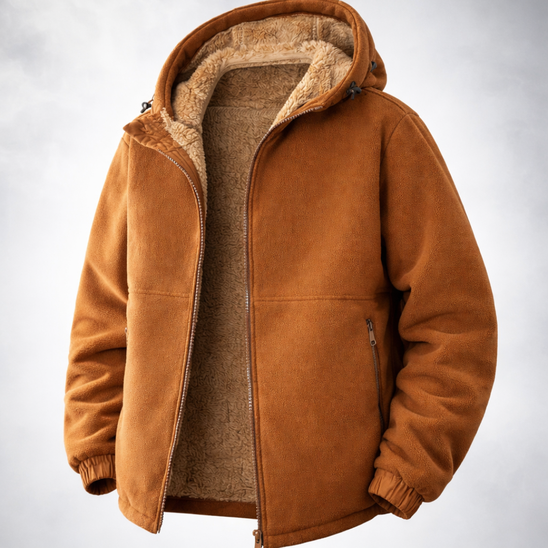 Brown fleece jacket with fur lining on a wooden surface and light gray background