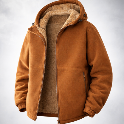 Brown fleece jacket with fur lining on a wooden surface and light gray background