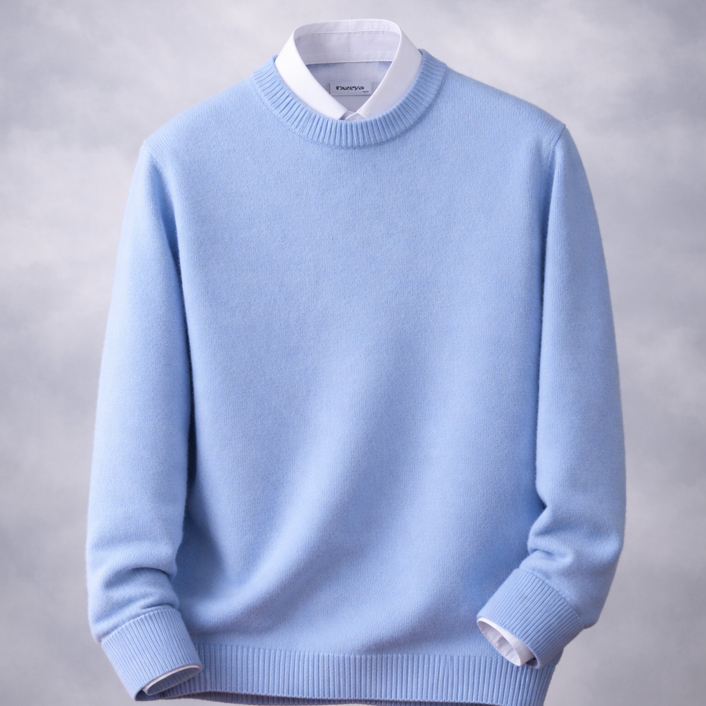 Light blue sweater on a wooden table with a gray background