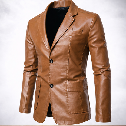 Brown leather jacket on a wooden surface with a white background