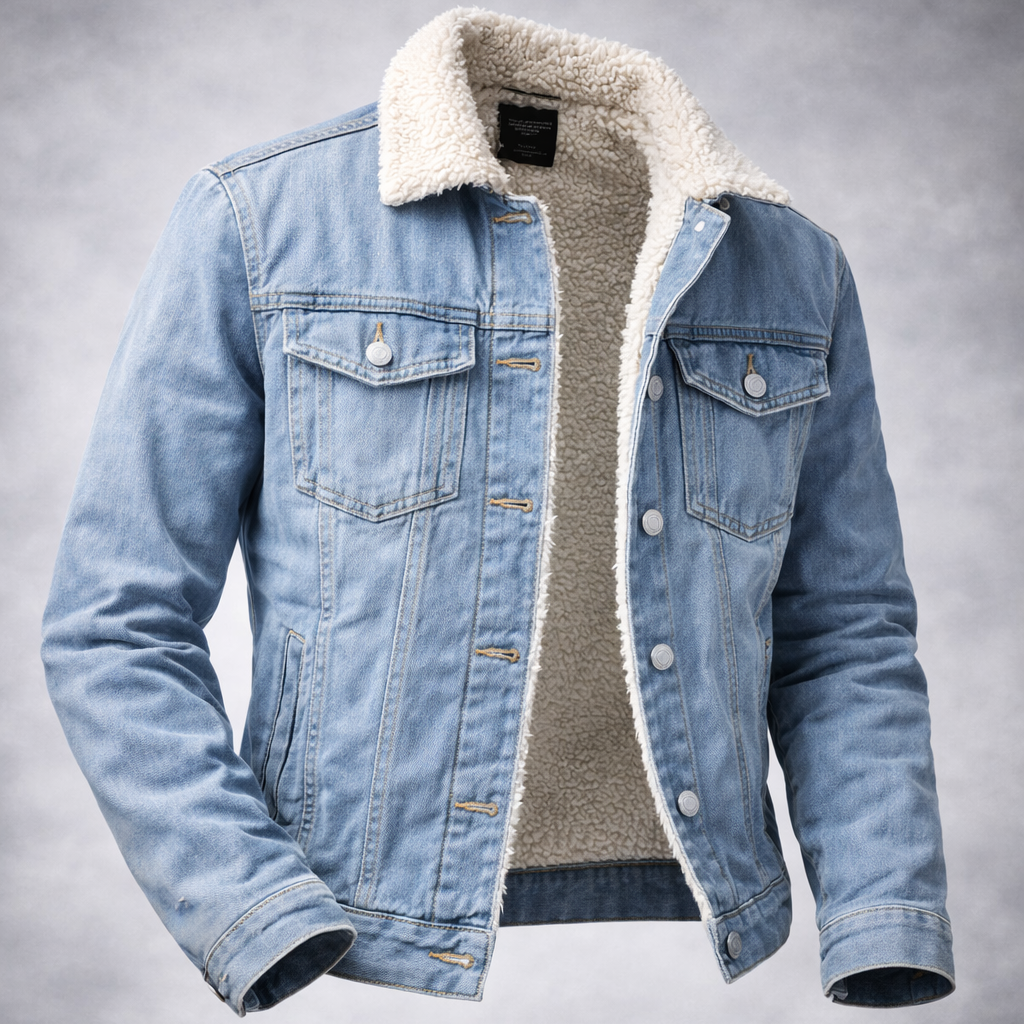 Denim jacket with sherpa lining on a gray background