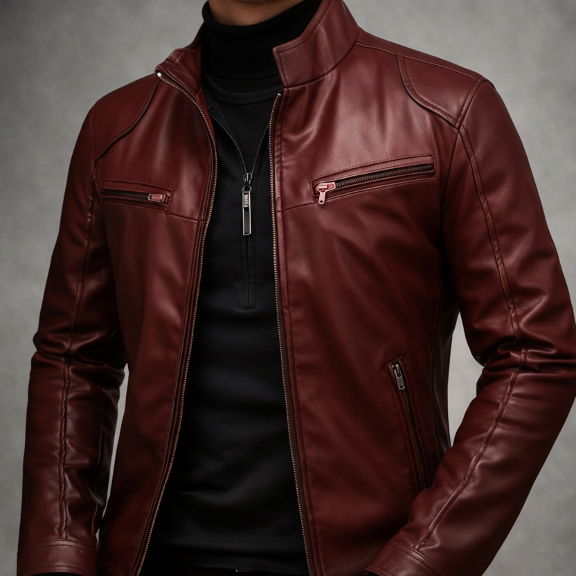 Brown leather jacket on a wooden surface with a gray background