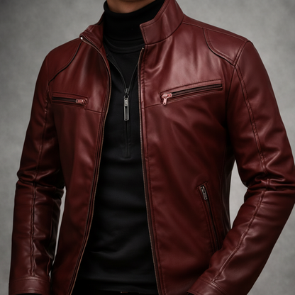Brown leather jacket on a wooden surface with a gray background