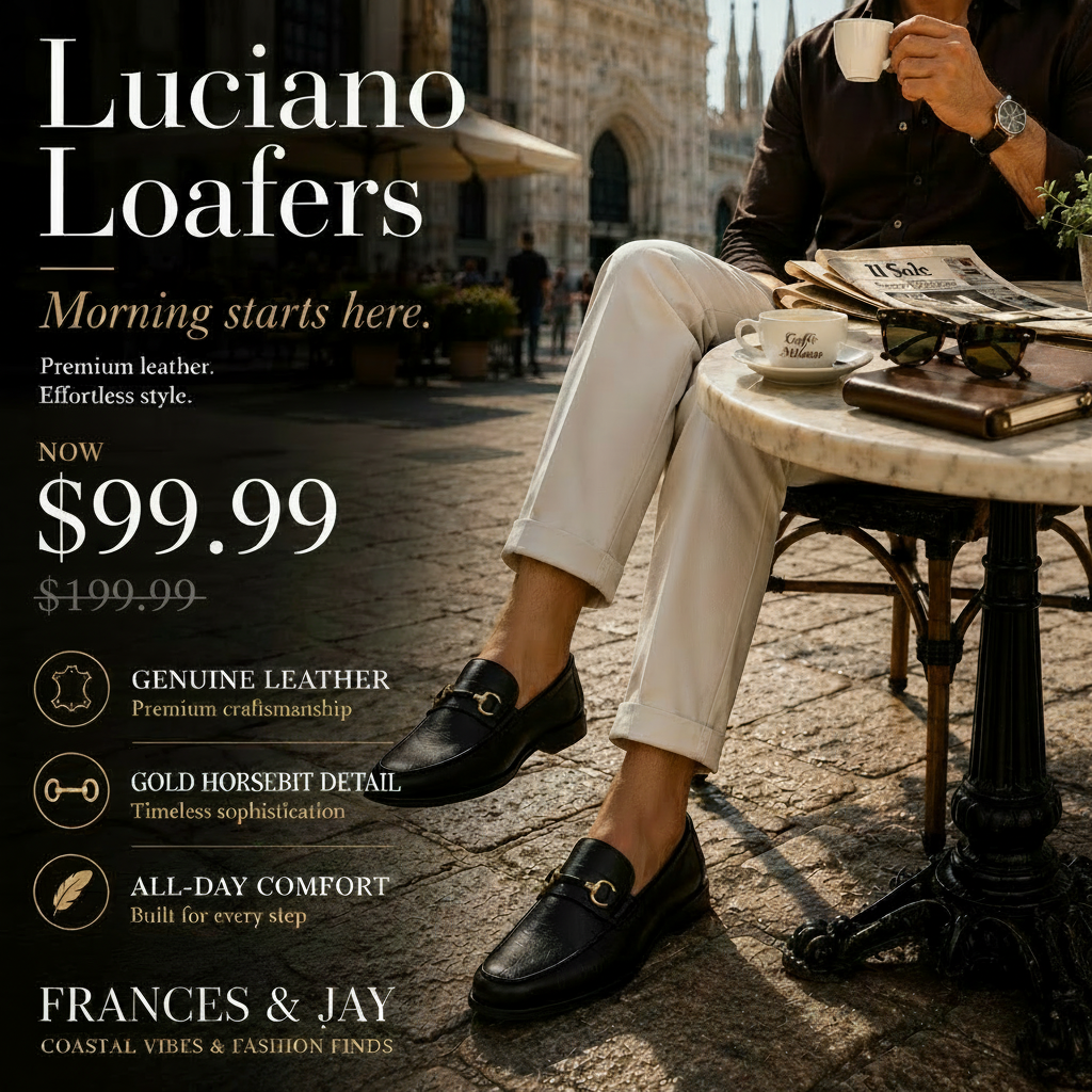 A man seated at an outdoor cafe table wearing black loafers with gold horsebit details and light beige trousers. Large promotional text reads 'Luciano Loafers' with pricing and feature callouts including genuine leather, gold horsebit detail, and all-day comfort.