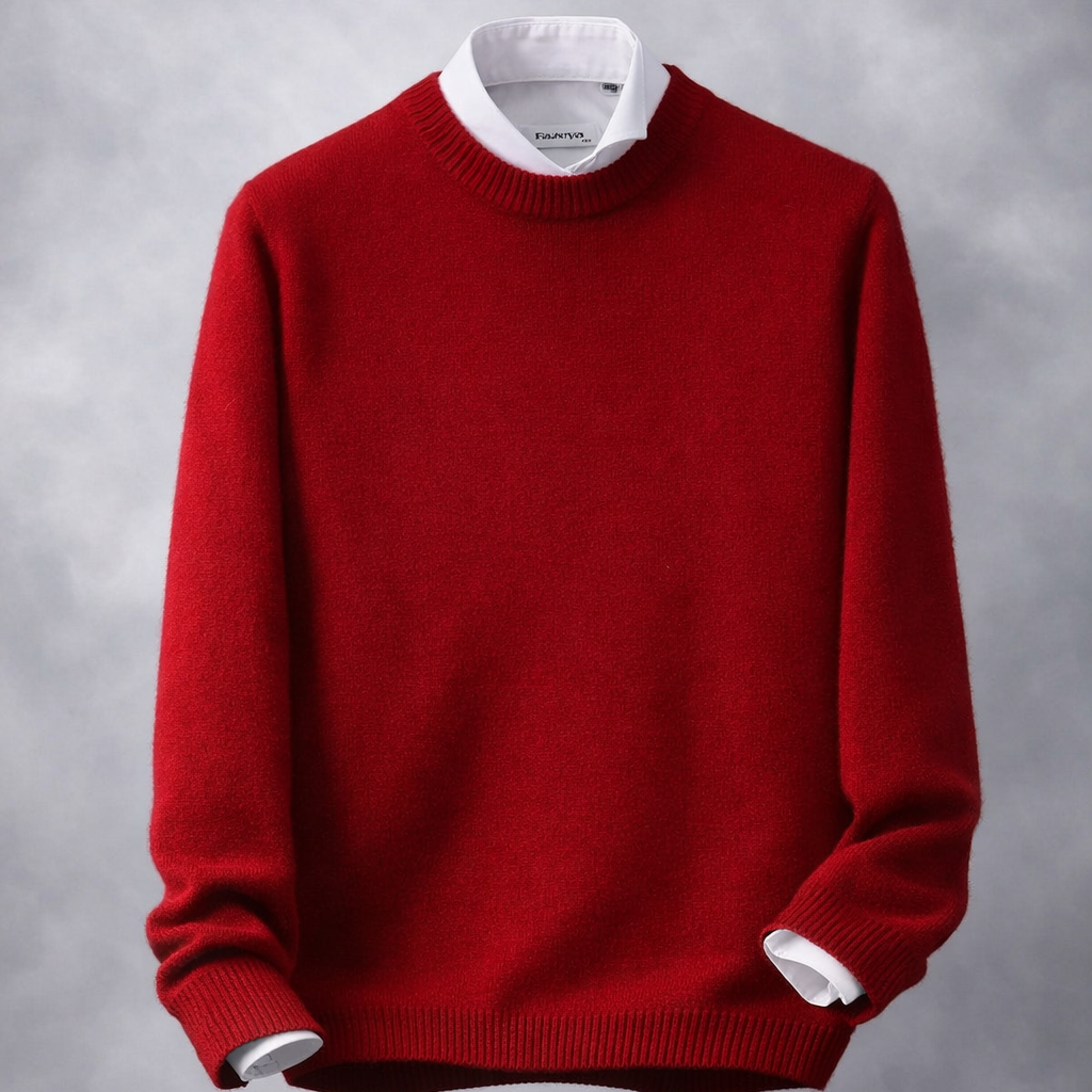 Red sweater with white trim on a wooden surface and gray background
