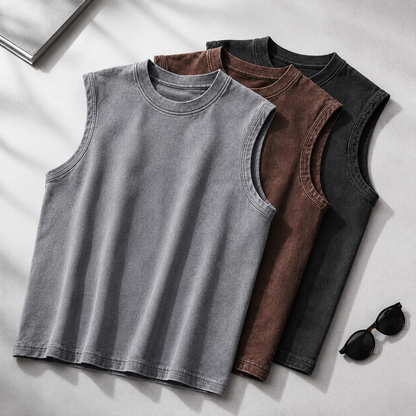 Three sleeveless shirts in gray, brown, and black on a light gray background with sunglasses.