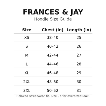 Size guide for Frances & Jay hoodies with chest and length measurements.
