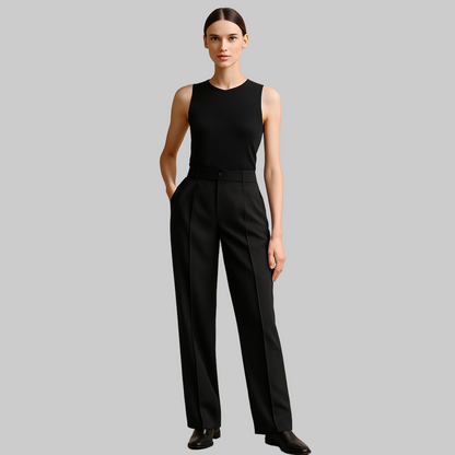 generate image of pants on model wearing black pleated front trousers one button zip up closure