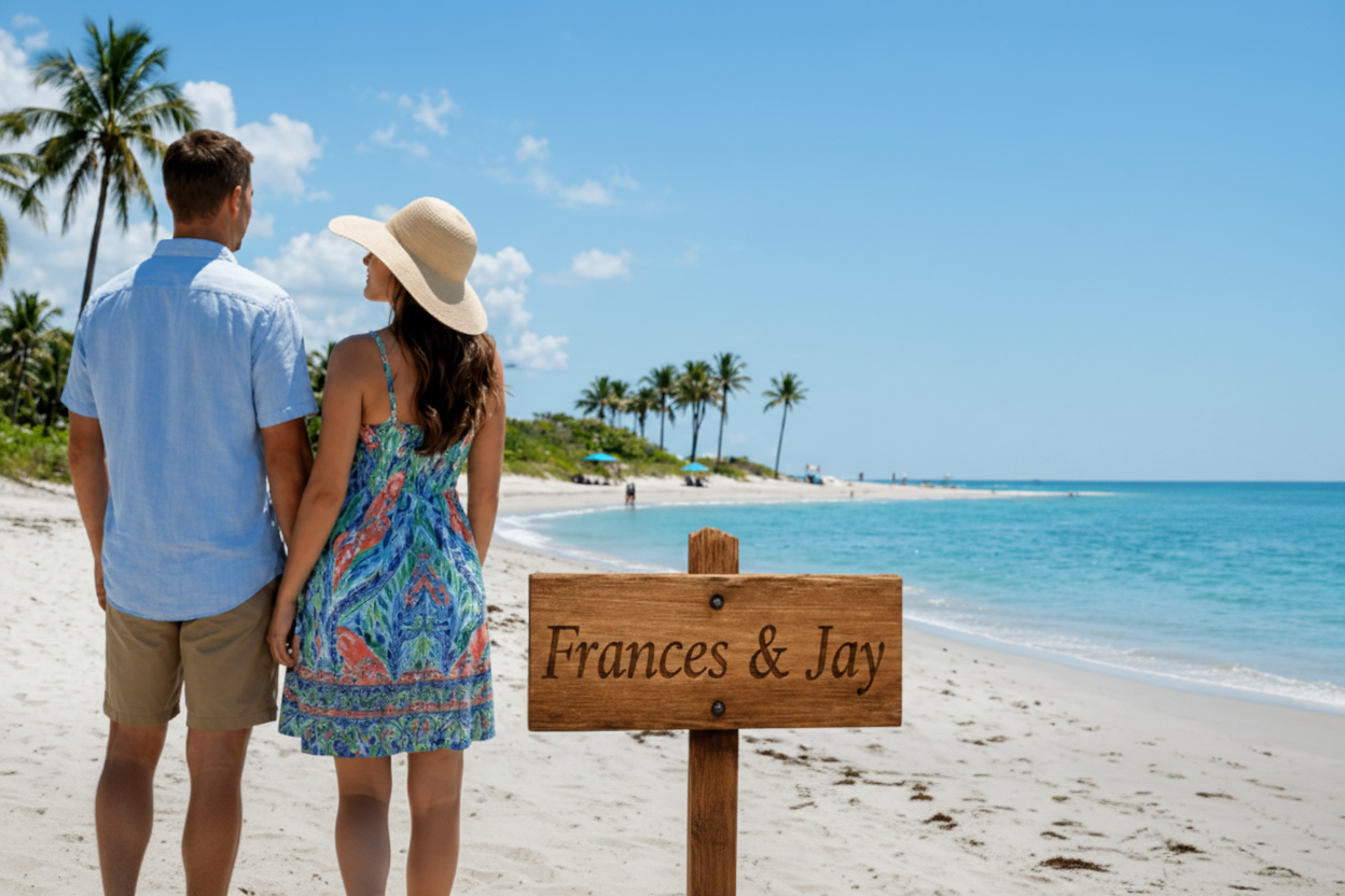 Couple standing on a beach with palm trees and clear blue sky, looking at a wooden sign with 'Frances & Jay'.