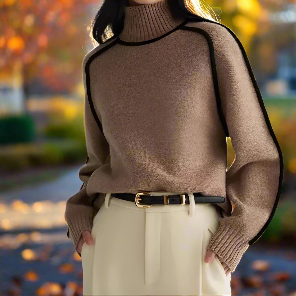 A woman wearing a beige knit turtleneck sweater with ribbed detailing and a black belt.